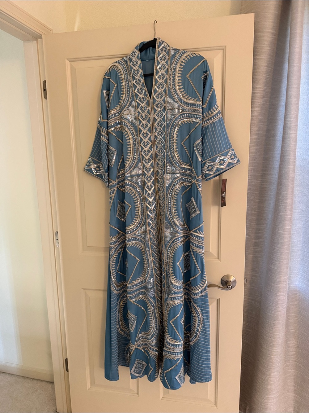 Embellished Blue Patterned Maxi Dress
